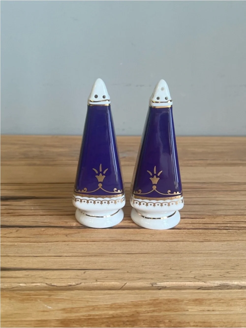 Blue and Gold Ceramic Salt & Pepper Shakers-Vintage